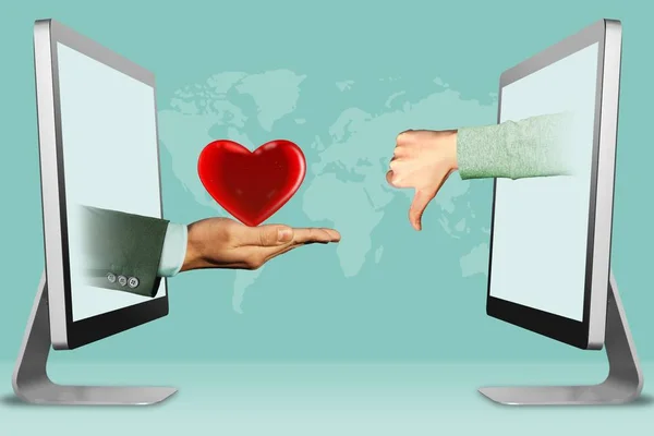 Conceito de negócio, duas mãos de computadores. coração e polegares para baixo, antipatia. ilustração 3d — Fotografia de Stock