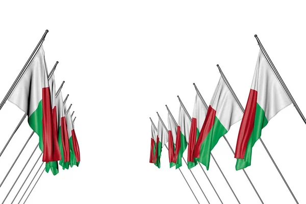 Hermosa muchas banderas de Madagascar cuelga en postes diagonales de izquierda y derecha aislados en blanco - cualquier ocasión bandera 3d ilustración —  Fotos de Stock