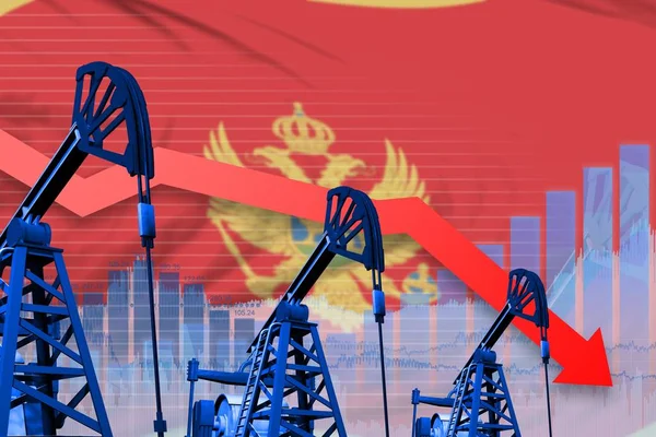 Obniżenie, spada wykres na Czarnogóra flaga tle-Industrial ilustracji przemysłu naftowego Czarnogóry lub koncepcji rynku. Ilustracja 3D — Zdjęcie stockowe