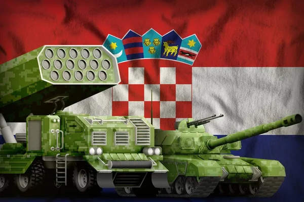 Croatia heavy military armored vehicles concept on the national flag background. 3d Illustration