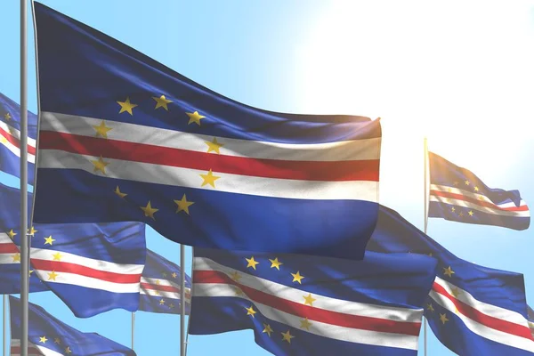 Agradável muitas bandeiras de Cabo Verde estão acenando no fundo do céu azul qualquer ocasião bandeira ilustração 3d — Fotografia de Stock