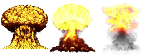 Ilustración 3D de la explosión - 3 grandes fases muy detalladas explosión de la nube de hongos de la bomba termonuclear con humo y fuego aislado en blanco —  Fotos de Stock