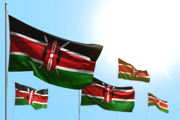 nice 5 flags of Kenya are wave against blue sky image with bokeh - any celebration flag 3d illustration