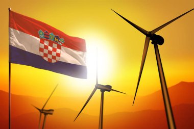 Hırvatistan rüzgar enerjisi, rüzgar türbinleri ve günbatımı endüstriyel illüstrasyon bayrak ile alternatif enerji çevre kavramı - yenilenebilir alternatif enerji, 3d illüstrasyon