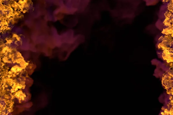 Ilustração 3D de fogo do quadro de explosão de queima cósmica isolado em fundo preto com fumaça escura - superior e inferior estão vazios, linhas de fogo de lados esquerda e direita — Fotografia de Stock