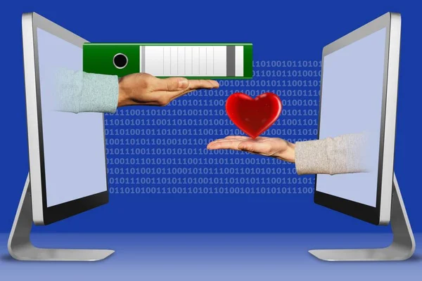 Web concept, two hands from laptops. folder and heart. 3d illustration — Stock Photo, Image