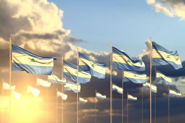 gün batımında harika birçok Nikaragua bayrakları seçici odak ve içerik için alan ile satır yerleştirilir - herhangi bir tatil bayrağı 3d illüstrasyon