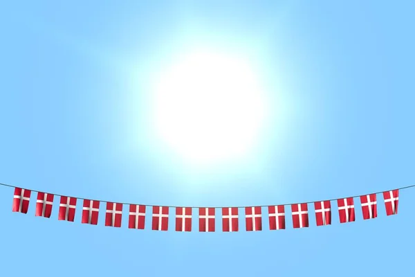 Wonderful many Denmark flags or banners hanging on rope on blue sky background - any feast flag 3d illustration — Stock Photo, Image