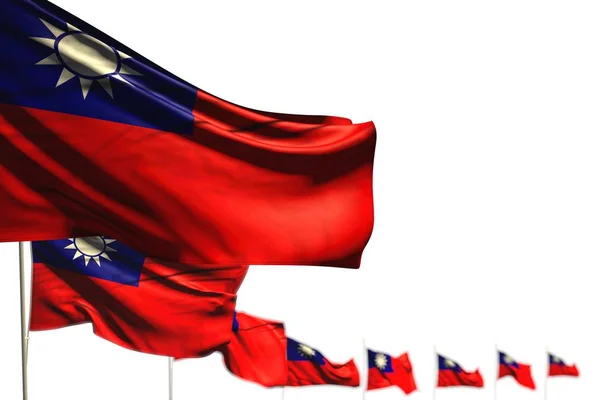 Meravigliose bandiere isolate della provincia cinese di Taiwan poste in diagonale, illustrazione con messa a fuoco morbida e spazio per il tuo testo - qualsiasi occasione bandiera 3d illustrazione — Foto Stock