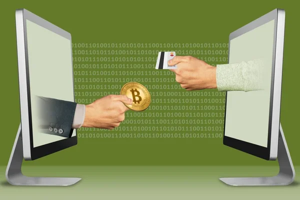 Cyfrowe, dwie ręce z komputerów. strony z Bitcoin i karty kredytowej. ilustracja 3D — Zdjęcie stockowe