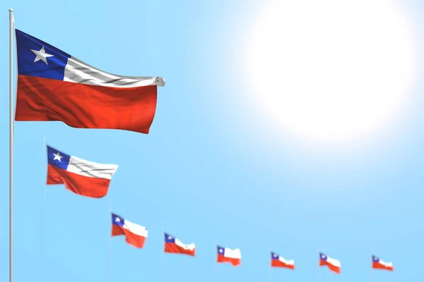 Bastantes banderas de Chile colocadas diagonales con enfoque selectivo y espacio libre para su contenido - cualquier ilustración 3d bandera de fiesta — Foto de Stock