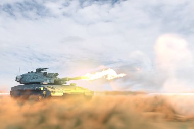 çölde savaş ateşinde gerçek tasarım ile askeri tank, görev kavramı son derece ayrıntılı çağrı - askeri 3d İllüstrasyon