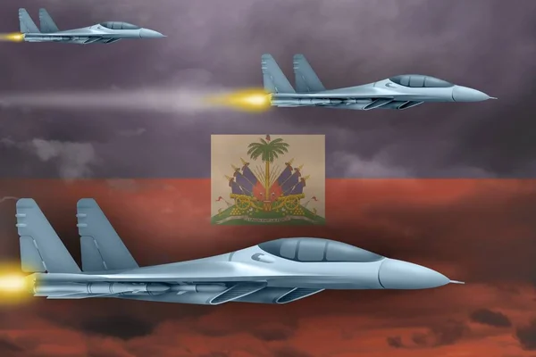 海地空军打击概念。飞机攻击海地国旗背景。3d 插图 — 图库照片