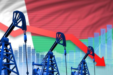 madagaskar bayrak arka plan üzerinde düşen grafik düşürücü, düşen grafik - Madagaskar petrol endüstrisi veya pazar kavramının endüstriyel illüstrasyon. 3d İllüstrasyon