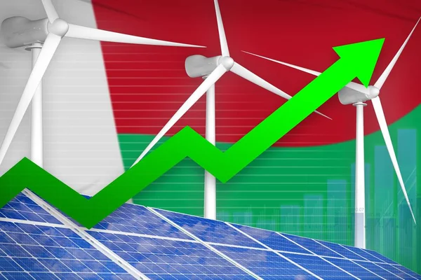 Madagascar grafico in aumento dell'energia solare ed eolica, freccia in alto - moderna illustrazione industriale dell'energia naturale. Illustrazione 3D — Foto Stock