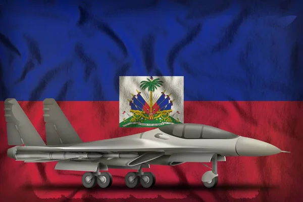 Myśliwiec, Interceptor na tle flagi państwowej Haiti. Ilustracja 3D — Zdjęcie stockowe