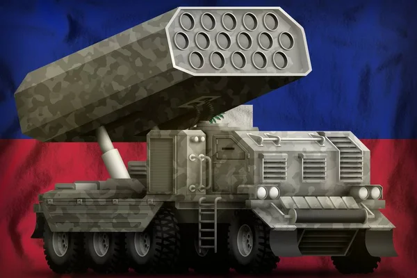 火箭炮，导弹发射器与灰色伪装在海地国旗背景。3d 插图 — 图库照片