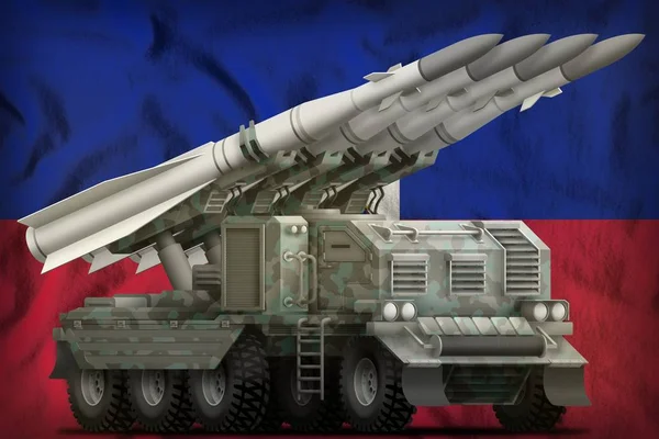 Tactical short range ballistic missile with arctic camouflage on the Haiti national flag background. 3d Illustration — Stock Photo, Image