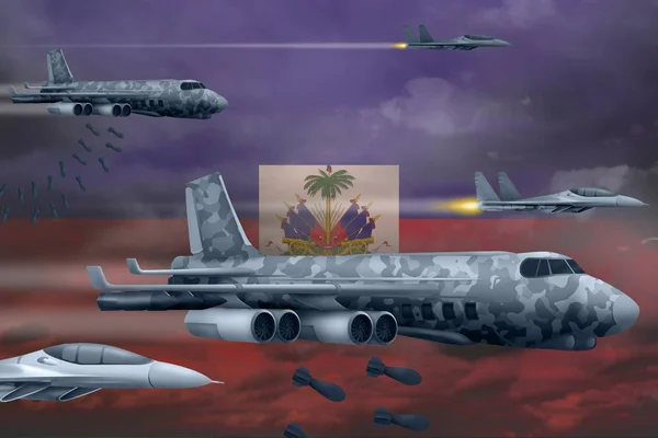 Haïti concept de bombardement des forces aériennes. Haïti avions de l'armée larguent des bombes sur fond de drapeau. Illustration 3d — Photo