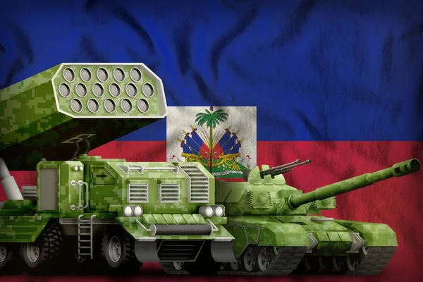 Haiti heavy military armored vehicles concept on the national flag background. 3d Illustration