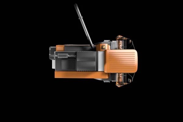 工业3D插图巨大的渲染橙色黑麦收割机与收获管分离顶视图隔离在黑色 — 图库照片