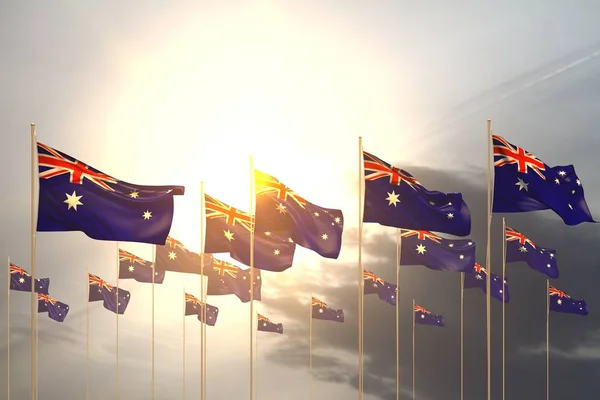 Szép sok Ausztrália zászlók egy sorban a naplemente, szabad hely a szöveg-minden ünneplés zászló 3D illusztráció — Stock Fotó