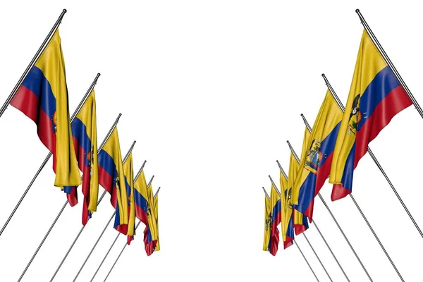 Nice many Ecuador flags hanging on in corner poles from left and right sides isolated on white - any celebration flag 3d illustration — Stock Photo, Image