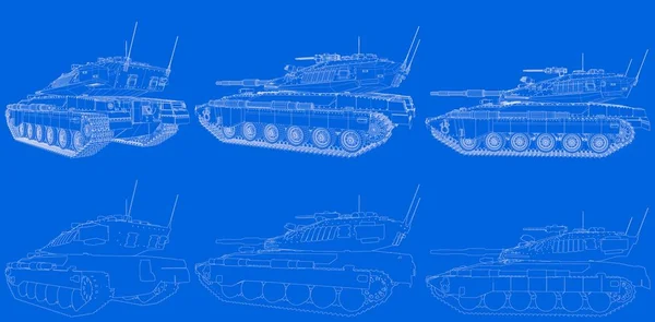 Military 3D Illustration of blue print schema - outlined isolated 3D modern tank with fictional design, high detail army power concept — Stock Photo, Image