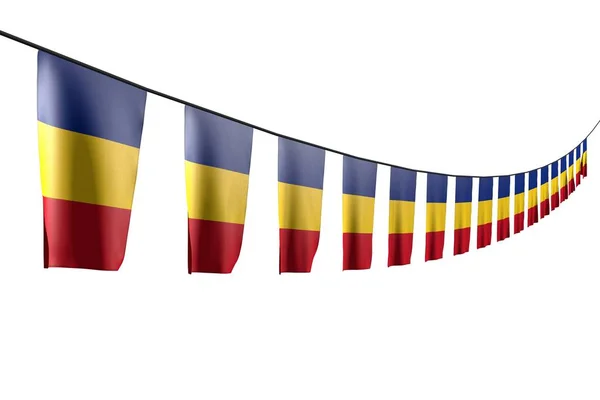 Pretty many Romania flags or banners hangs diagonal with perspective view on rope isolated on white - any celebration flag 3d illustration — Stock Photo, Image