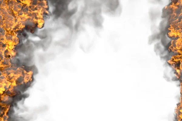 Ilustração 3D de fogo de fusão quadro isolado em branco com fumaça densa - superior e inferior estão vazios, linhas de fogo de lados esquerda e direita — Fotografia de Stock