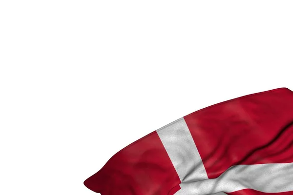 Hermosa bandera de Dinamarca con grandes pliegues acostado plano en la esquina inferior derecha aislado en blanco - cualquier bandera de vacaciones 3d ilustración —  Fotos de Stock