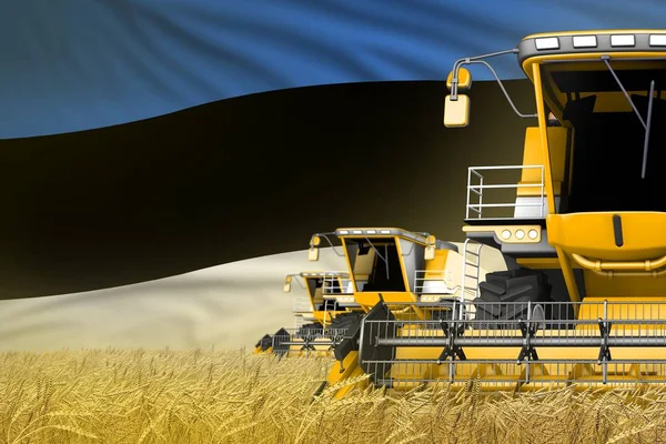 3 moissonneuses-batteuses modernes jaunes avec drapeau estonien sur le terrain rural - vue rapprochée, concept agricole - illustration 3D industrielle — Photo