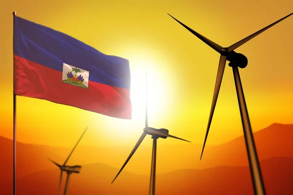 Haiti rüzgar enerjisi, rüzgar türbinleri ve günbatımı endüstriyel illüstrasyon bayrak ile alternatif enerji çevre konsepti - yenilenebilir alternatif enerji, 3d illüstrasyon — Stok fotoğraf