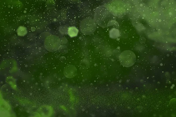 Verde muito brilhante brilho luzes desfocado bokeh fundo abstrato e queda de flocos de neve voar, textura mockup festal com espaço em branco para o seu conteúdo — Fotografia de Stock