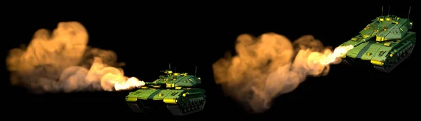 forest colored miltary tank with not real design firing isolated on black, highly detailed honor concept - military 3D Illustration