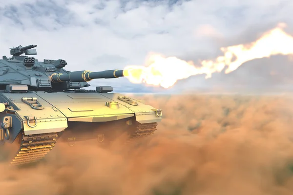 Wojskowa ilustracja 3D zbiornika z nie prawdziwym designie w ogniu walki w pustyni, koncepcja patriotyczna o wysokiej rozdzielczości — Zdjęcie stockowe