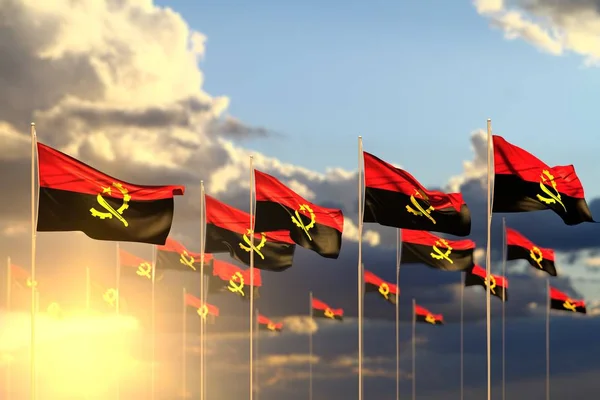 Leuk veel Angola vlaggen op zonsondergang geplaatst in rij met bokeh en plaats voor uw tekst-elke viering vlag 3D illustratie — Stockfoto