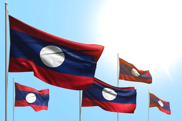 nice 5 flags of Lao People Democratic Republic are wave on blue sky background - any occasion flag 3d illustration