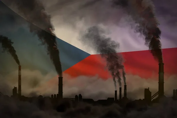 Pollution sombre, lutte contre le changement climatique concept - tuyaux industriels fumée dense sur fond drapeau tchèque - illustration 3D industrielle — Photo