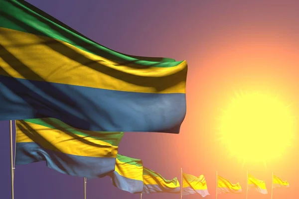 Oldukça çok Gabon bayrakları metin için yer ile günbatımı nda çapraz yerleştirilir - herhangi bir vesileyle bayrak 3d illüstrasyon — Stok fotoğraf
