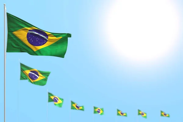 pretty many Brazil flags placed diagonal with bokeh and free place for content - any celebration flag 3d illustration