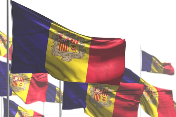 Mignon de nombreux drapeaux d'Andorre sont en agitant isolé sur blanc - photo avec mise au point douce - tout drapeau de célébration illustration 3D — Photo