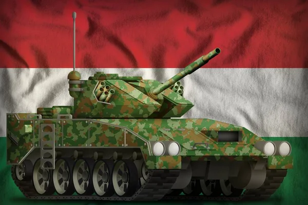 Легкий танк БТР з літом камуфляж на тлі національного прапора Угорщини. 3D ілюстрація — стокове фото