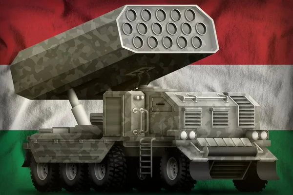 Rocket Artillery, raketwerper met grijze camouflage op de Hongaarse nationale vlag achtergrond. 3D-illustratie — Stockfoto