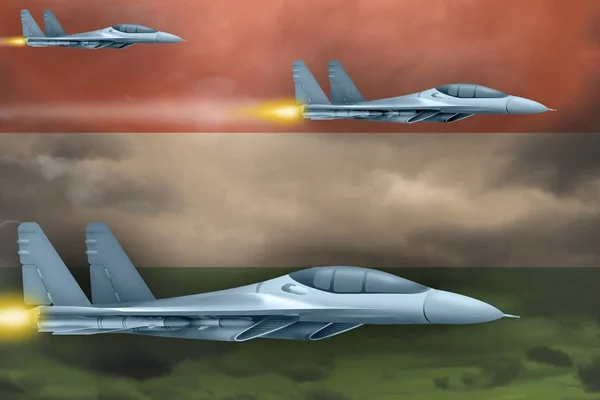 Hungria conceito de ataque das forças aéreas. Aviões atacam o fundo da bandeira da Hungria. Ilustração 3d — Fotografia de Stock