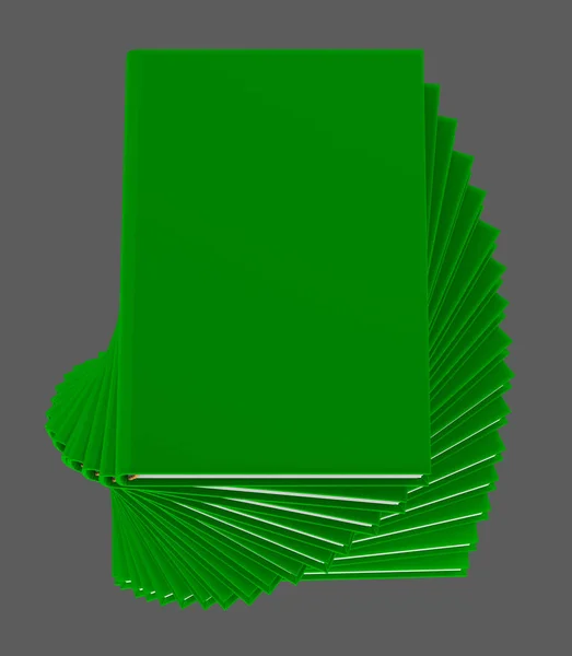 多くの緑色の本のシンプルで非常に詳細なスパイラルパイルが閉じ、灰色の背景に隔離された知識のシンボル - オブジェクトの3Dイラスト — ストック写真