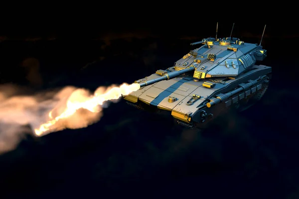 Wojskowa ilustracja 3D izolowanego, szarego nowoczesnego czołgu z nieistniejącym projektem w walce, szczegółowa koncepcja walki z ogniem na czarnym tle dymnym — Zdjęcie stockowe