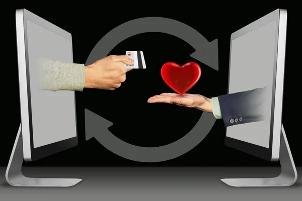 Conceito de e-commerce, duas mãos de laptops. mão com cartão de crédito e coração. ilustração 3d — Fotografia de Stock