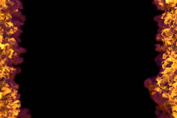 Fuego fundido con marco de humo oscuro aislado sobre fondo negro - líneas de fuego de los lados izquierdo y derecho, superior e inferior están vacías - ilustración 3D fuego — Foto de Stock