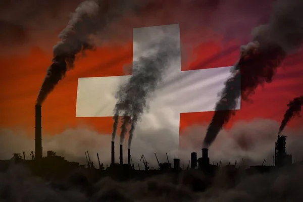 Donkere vervuiling, strijd tegen klimaatverandering concept-plant schoorstenen dichte rook op Zwitserland vlag achtergrond-industriële 3D illustratie — Stockfoto